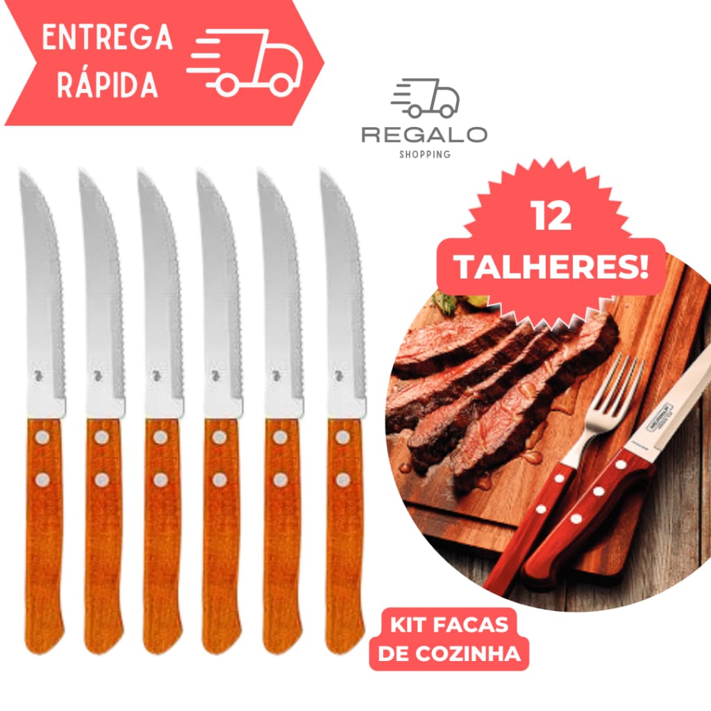 Jogo de 12 Facas Talheres Peças de Metal com Cabo de Madeira Cozinha Louça Talher Almoço
