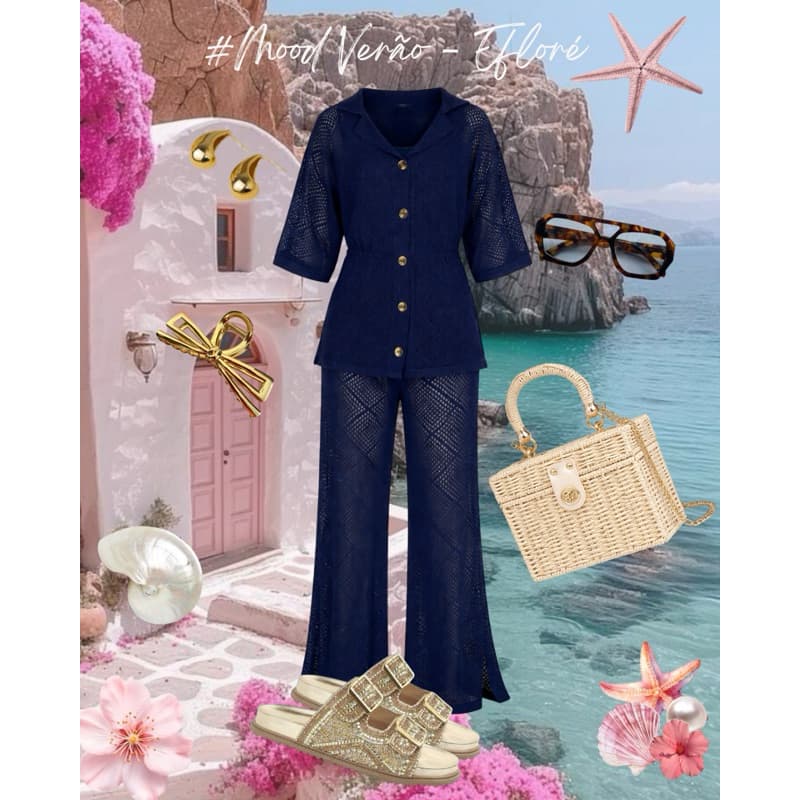 Conjunto Tricot Premium Boho Chic Casual Verão Praia Elegante Confortável Azul Marinho
