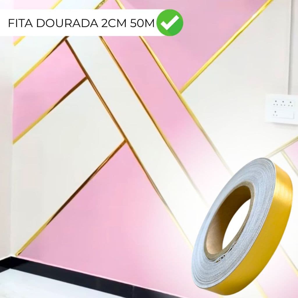 Fita Resistente Autocolante Dourada Lisa 2CM Uso Decorativo Pisos Tetos Paredes 50M 1 Rolo