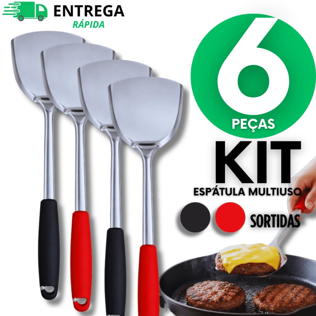 Jogo 06 Espátula Linha Black Aço Inox para Grelhados Fritura Cozinha Restaurante Ovos Hambúrguer Utilidades