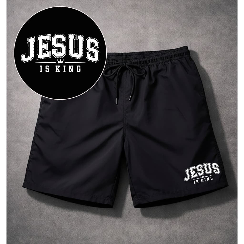 Bermuda Masculina Short Preto Tactel Estampado Escrito Jesus Para Academia Futebol Caminhada Praia