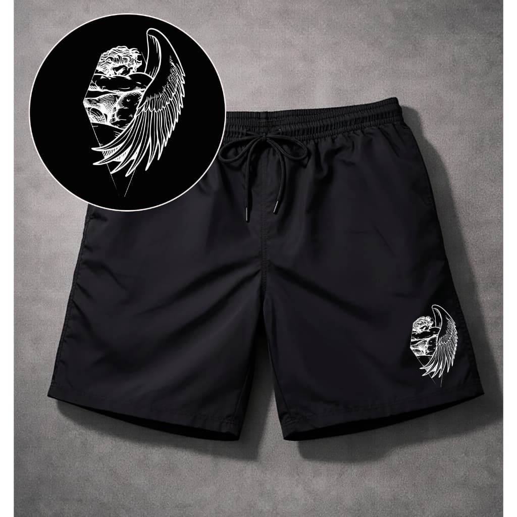 Bermuda Masculina Short Preto Tactel Estampado Anjo Streetwear Para Academia Futebol Praia Caminhada