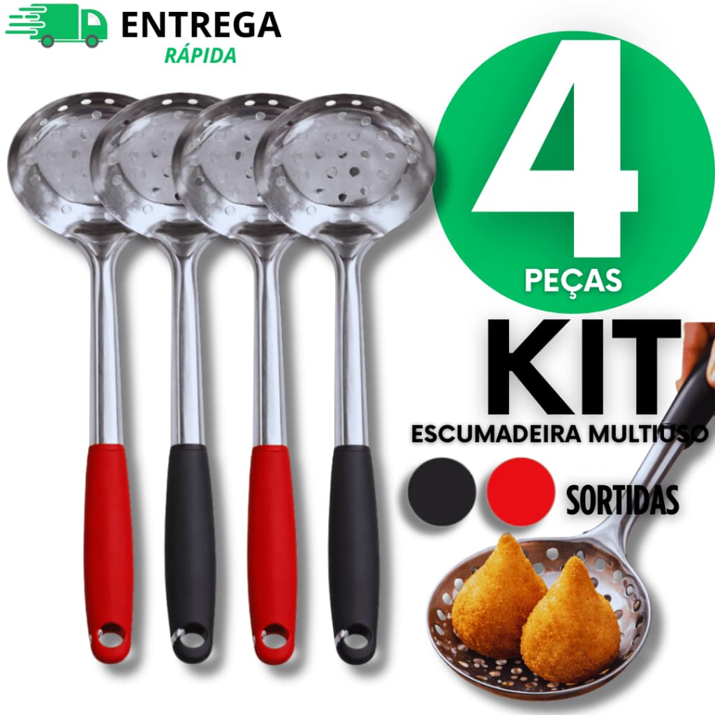 KIT 04 Peças Escumadeira Linha Black 29.8cm Premium Utilidades Casa Cozinha Restaurantes Multiuso Utilidades
