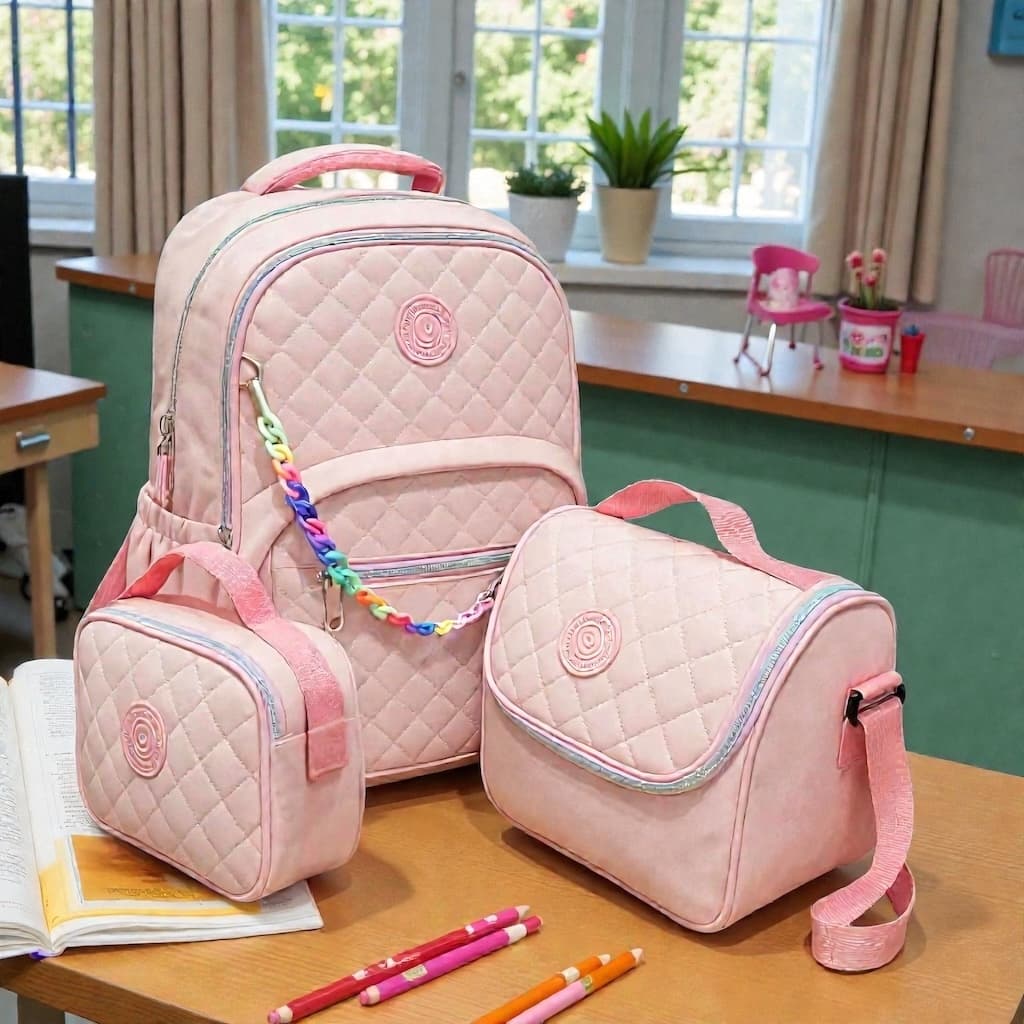 Mochila Escolar Feminina Premium 45cm Matelassê Reforçada Com Lancheira E Estojo Resistente