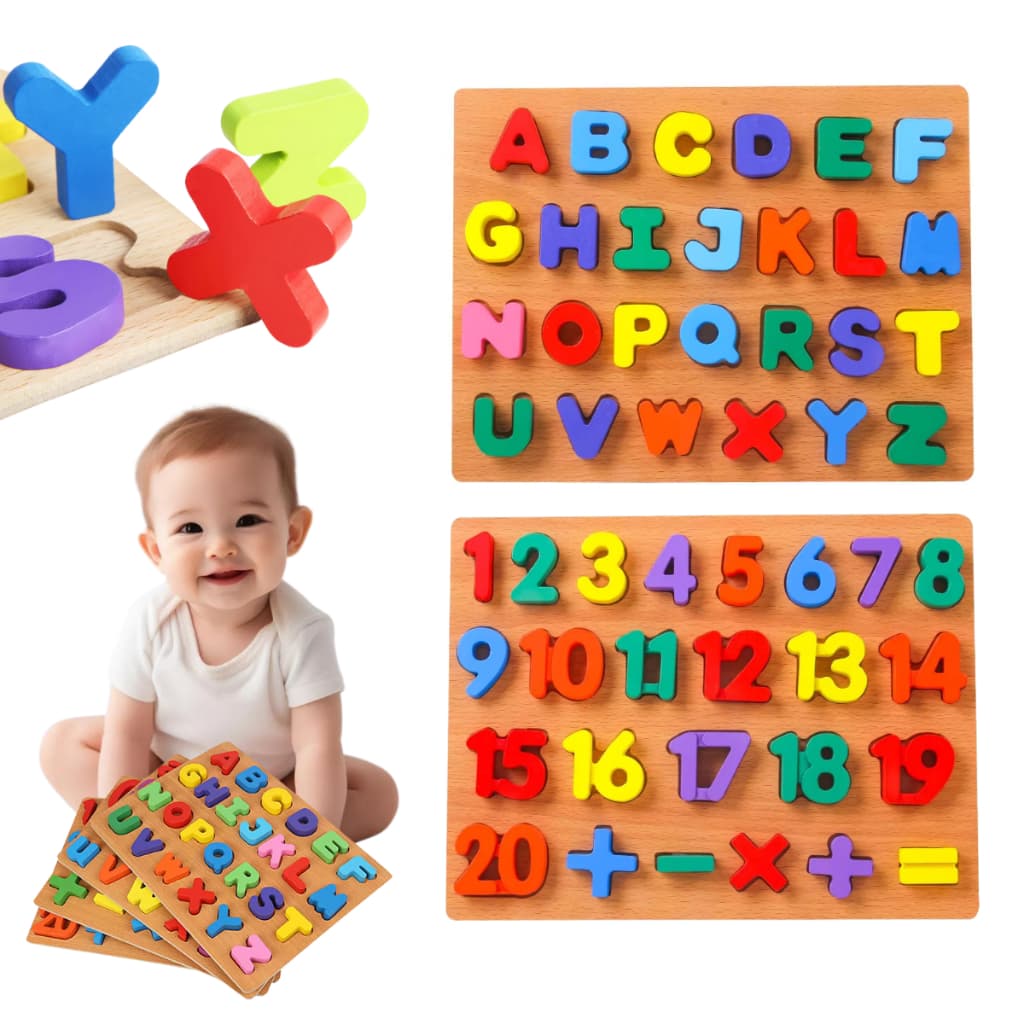 Kit 2 Quebra Cabeças Encaixe Letras Números Educativo Madeira Montessori Pedagógico bebê e criança