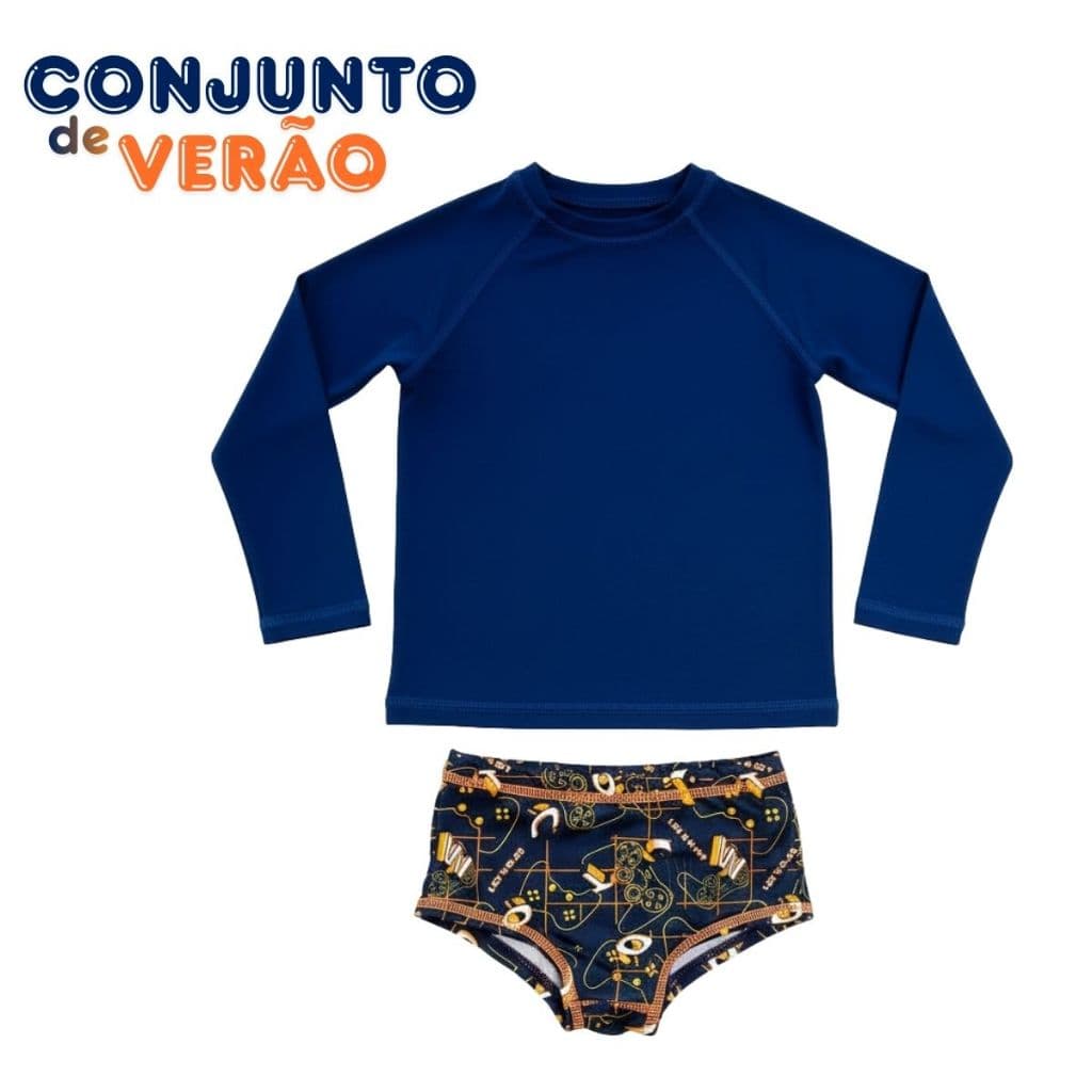 Conjunto Sunga Boxer Infantil E Blusa Térmica Proteção UV50+ Menino Moda Praia Estampa Divertida