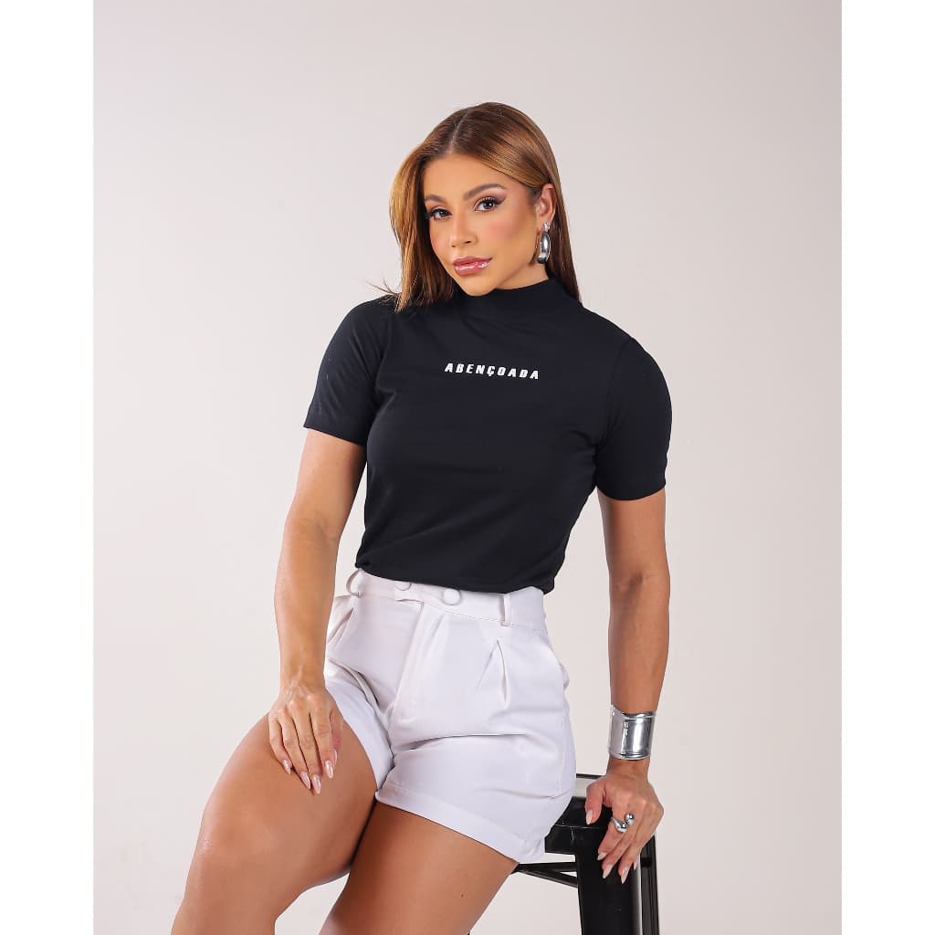 Tshirt Feminina 100% Algodão Elegante Gola Alta Blusa Básica Premium Confortável