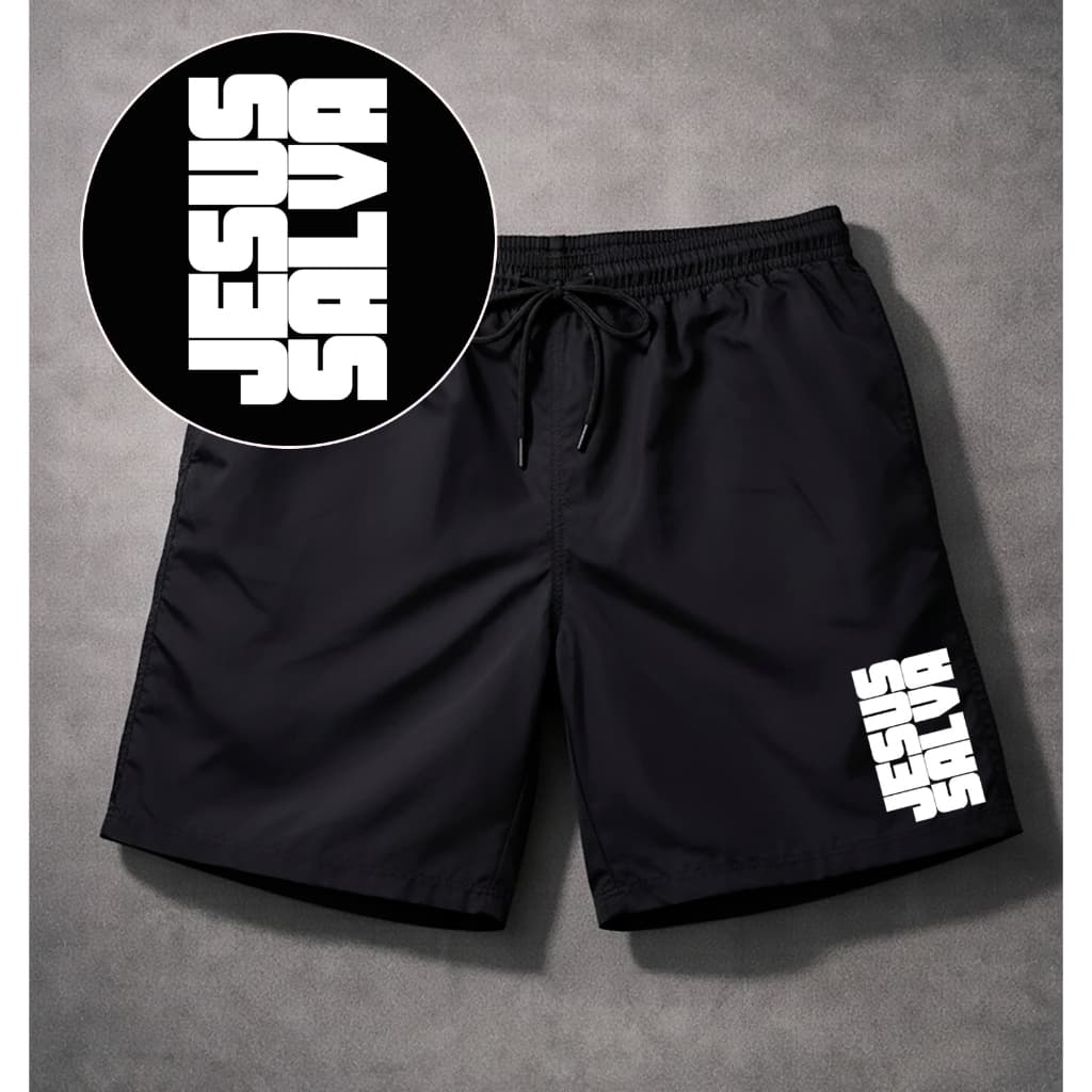 Bermuda Masculina Short Preto Tactel Estampado Jesus Salva Para Academia Futebol Praia Caminhada