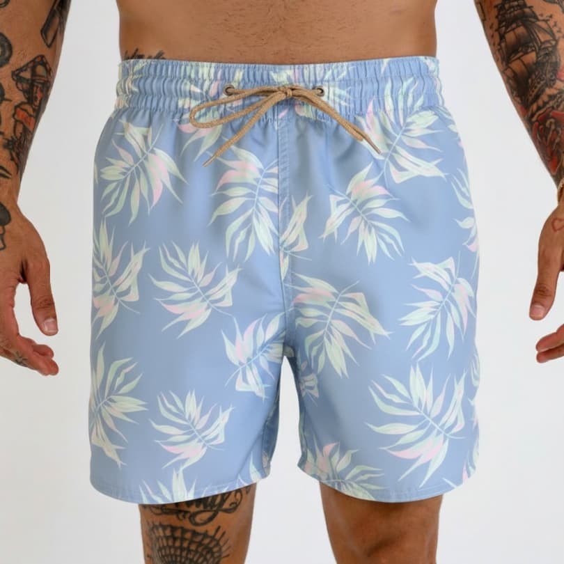 Bermuda Estampa Tropical Azul Folhas Verão Praia Short Estampado Bolsos Tactel Elastano Cordão