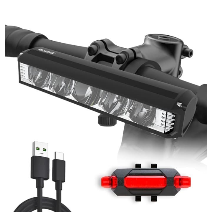 Farol Bike 5 Leds 20.000 Lumens 2 Suportes Cor Preto + Sinalizador Traseiro Lanterna Proteção Bike