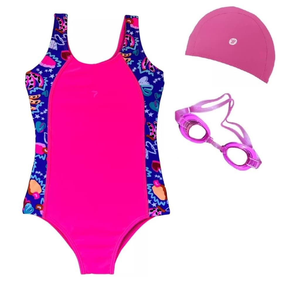 Kit Maiô Lycra Infantil Sete Tri Inteiro Forrado , Touca + Óculos Vollo 4 a 16 anos