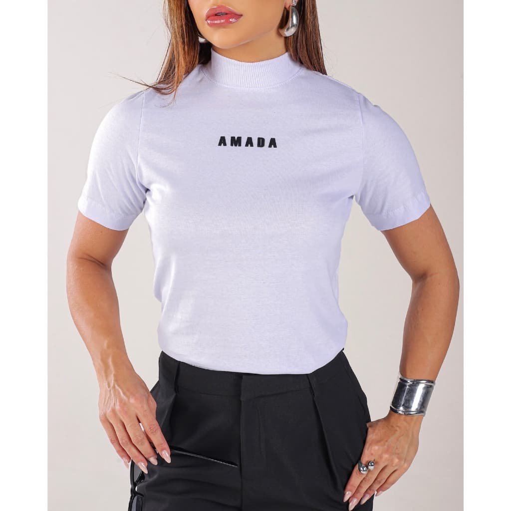 Blusa Tshirt Feminina Elegante 100% Algodão Gola Alta Estilo Social Casual Chic
