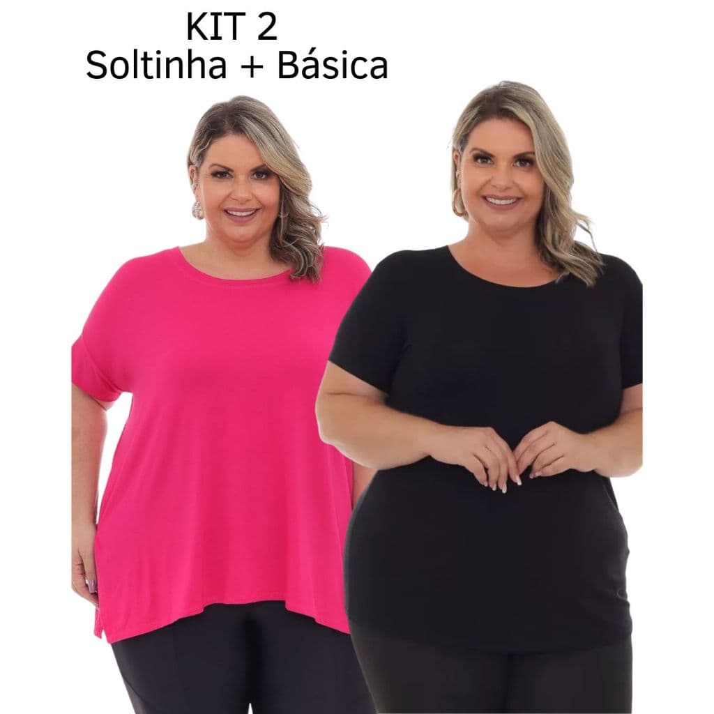 KIT 2 Blusas Plus Size Feminina Viscolycra Soltinha e Básica