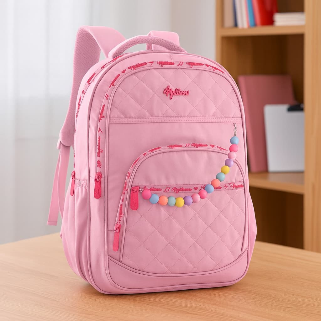 Mochila Feminina Escolar Grande Com Pingente Colorido Zíper Reforçado