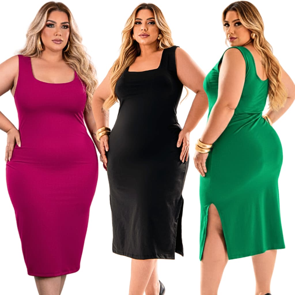 Vestido PLUS SIZE Mid Com Fenda Alça Larga No Poliamida Com Bojo Moda Maior