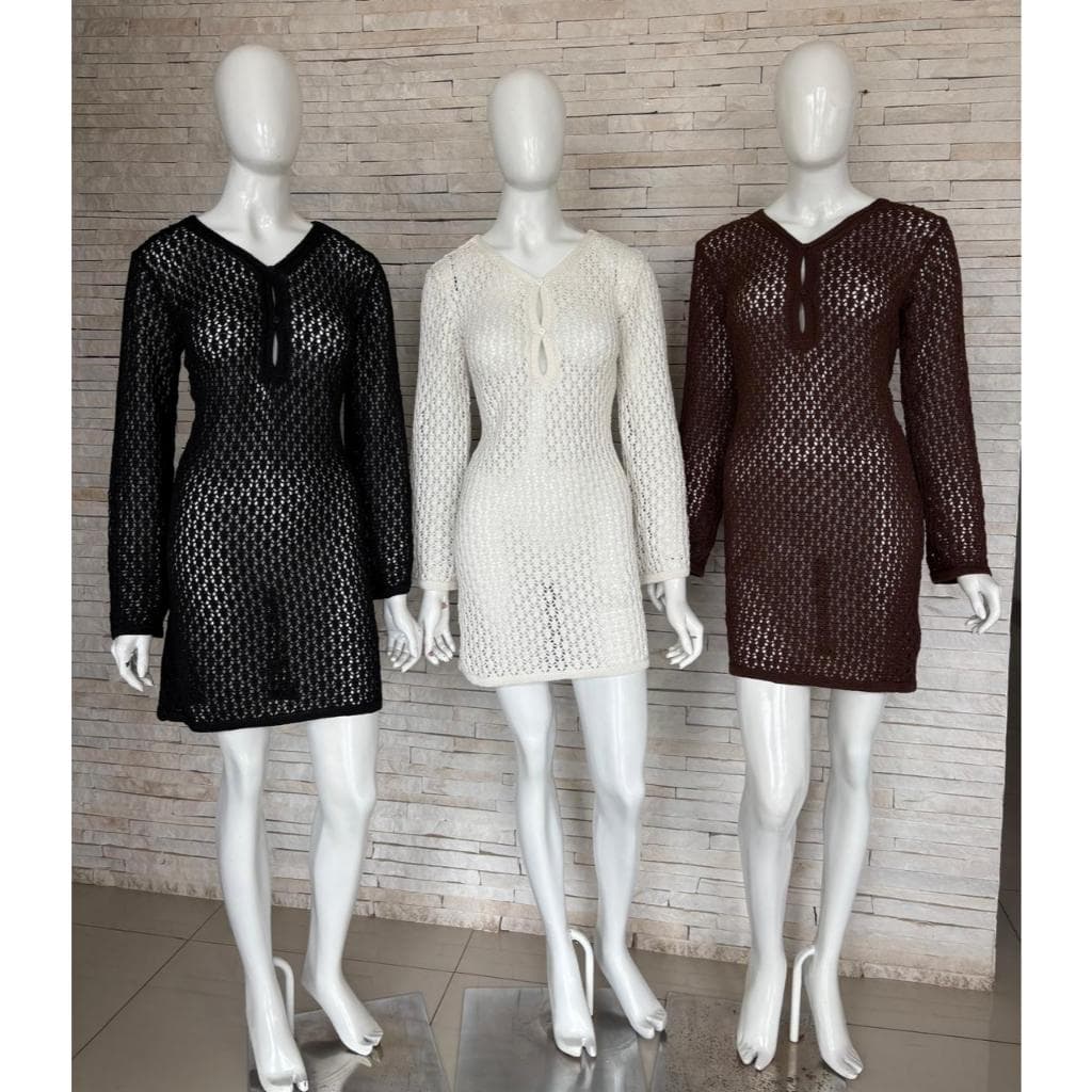 Vestido Saída de Praia Rendada Manga Longa Com Detalhes em Botões Moda Verão Tricot