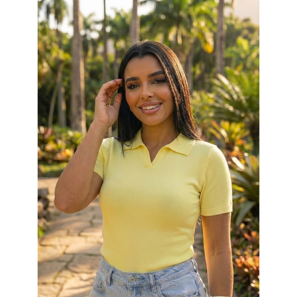 Blusa Feminina Tricô Modal Gola Polo Decote V Slim Premium