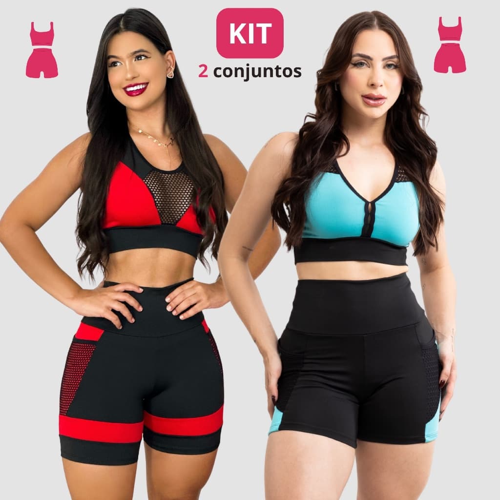 Kit Dois Conjuntos Academia Feminino Short e Top Cintura Alta Modeladora