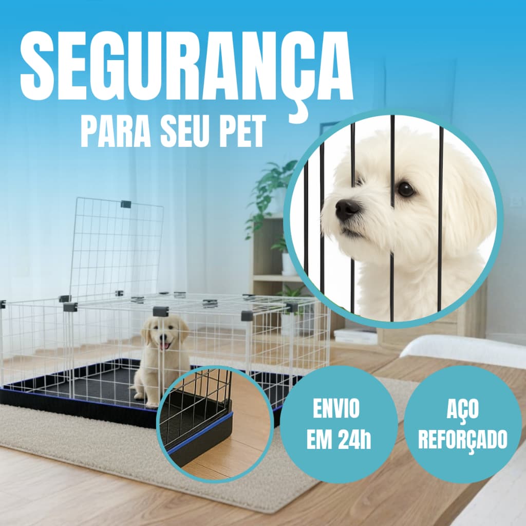 Cercado para Pet Portátil Estrutura Metálica 40x40 Com Forro Gaiola e Tapete Higiênico