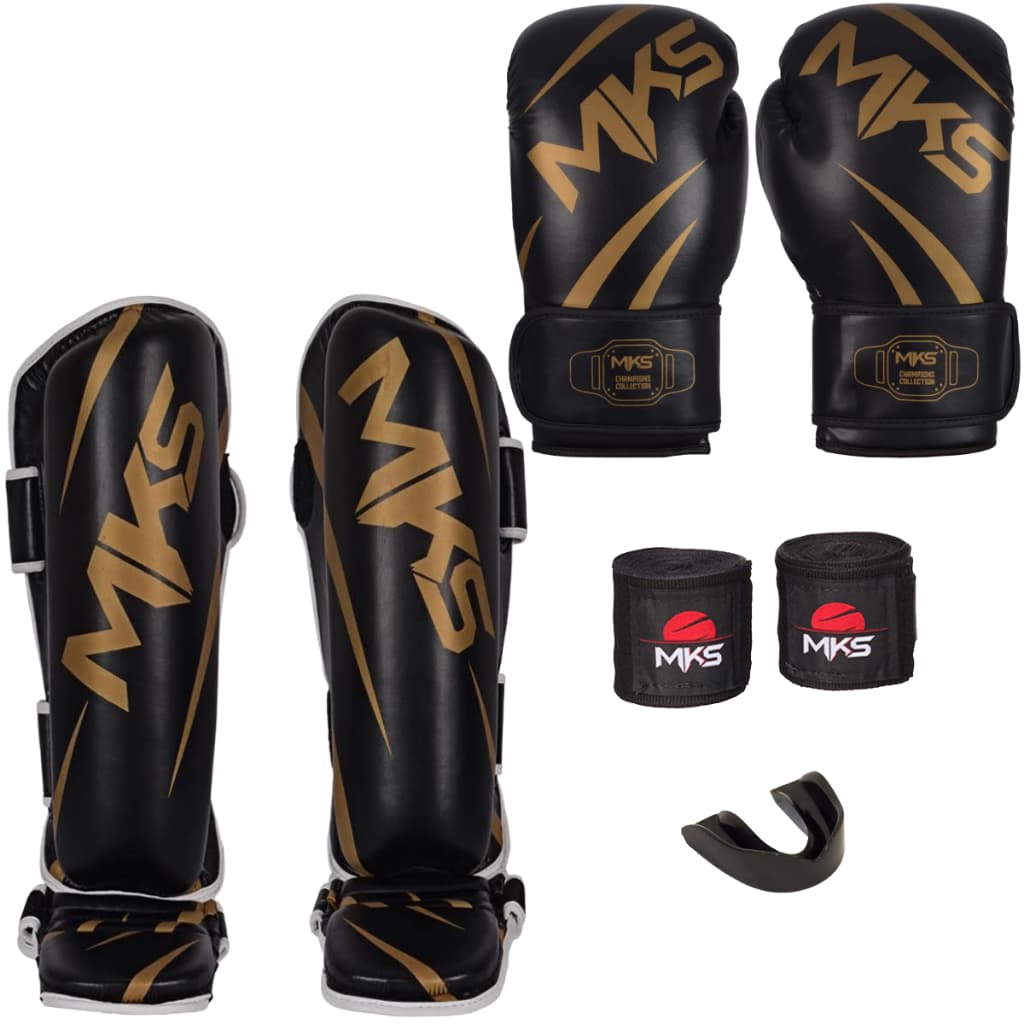 LUVA BOXE + CANELEIRA MUAY THAI + BANDAGEM + PROTETOR BUCAL - CHAMPION PRETO/DOURADO MKS