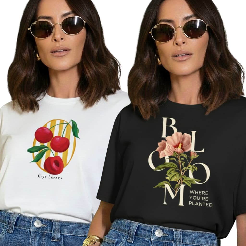 Kit 2 T Shirt Feminina 100% Algodão Estampa Tropical Fruta Flores Camiseta Estilosa Envio Imediato