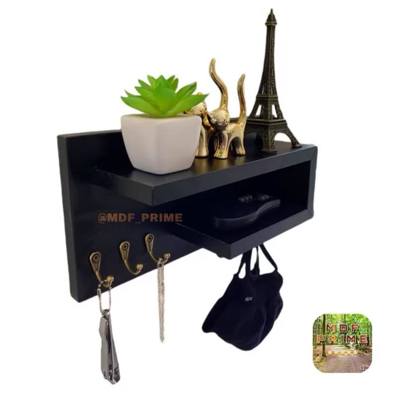 Suporte Porta Chaves Parede Preto Multiuso Organizador Decorativo Mdf Celular Cartas Controles Hall de Entrada
