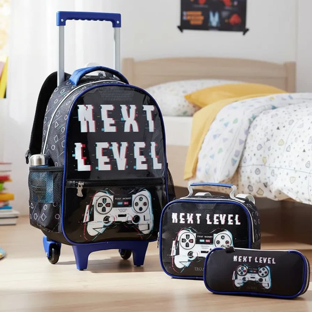 Kit Mochila com Rodinha Gamer Infantil - Kit Completo Mochila + Lancheira + Estojo