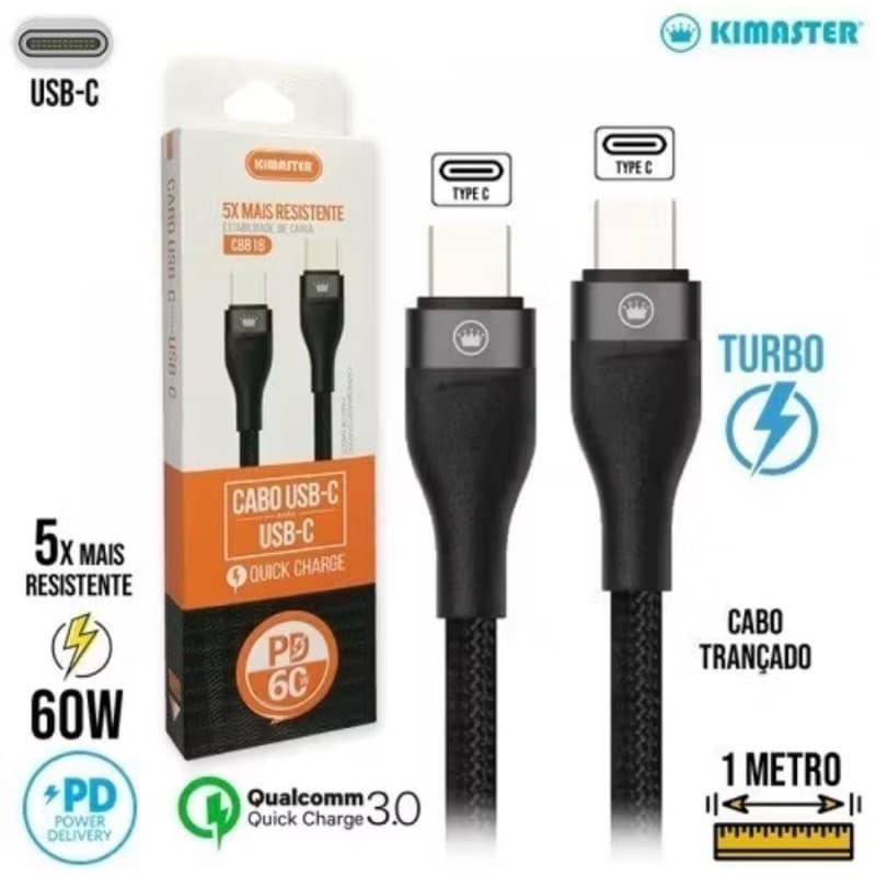 Cabo USB-C para Lightning 27W Carregamento Turbo Kimaster CB817 1 metro Nylon QC 3.0