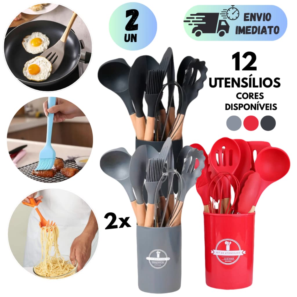 KIT 2 JOGO DE UTENSÍLIOS SILICONE  PARA COZINHA COMPLETO  DE PREMIUM CABO DE MADEIRA ANTIADERENTE NÃO RISCA