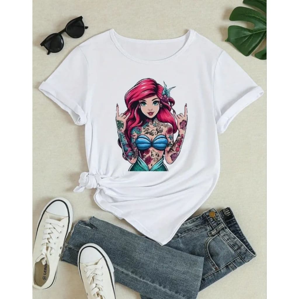 Camiseta Feminina Sereia Tatuada 100% Algodão Premium Estampa Pop Streetwear Casual Moderna Para Looks Ousados