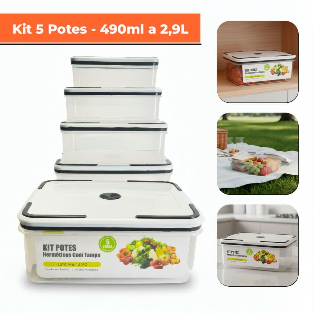Kit Potes Herméticos Plástico 490ml A 2900ml Tampa Vedação