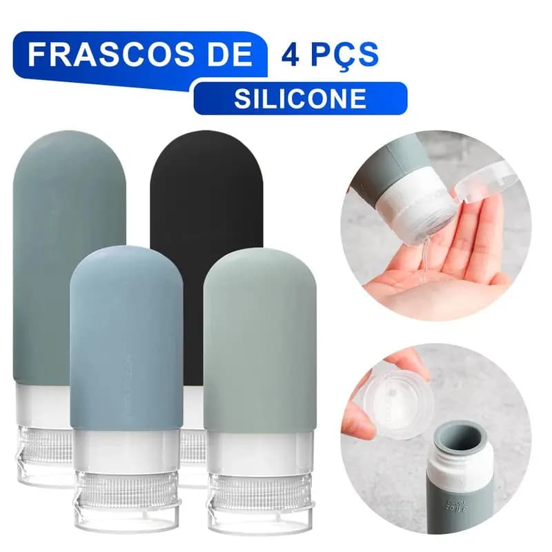 Frasco silicone viagem kit 4 reutilizável 60ml shampoo condicionador creme loção álcool gel