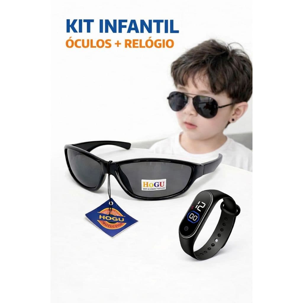 Conjunto relógio LED criança e óculos de sol masculino infantil menino presente