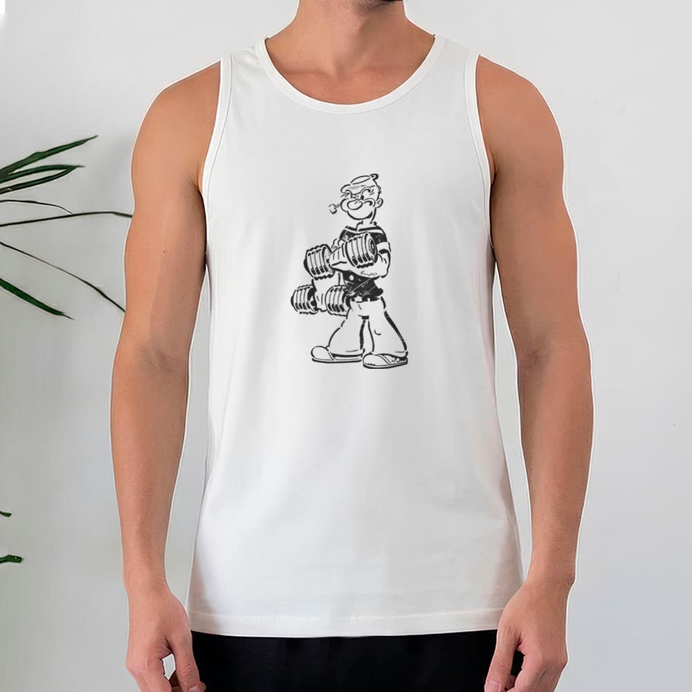 Camiseta Regata Masculina 100% Algodão Popeye com Halteres Estampa Treino Academia Fitness Lifestyle
