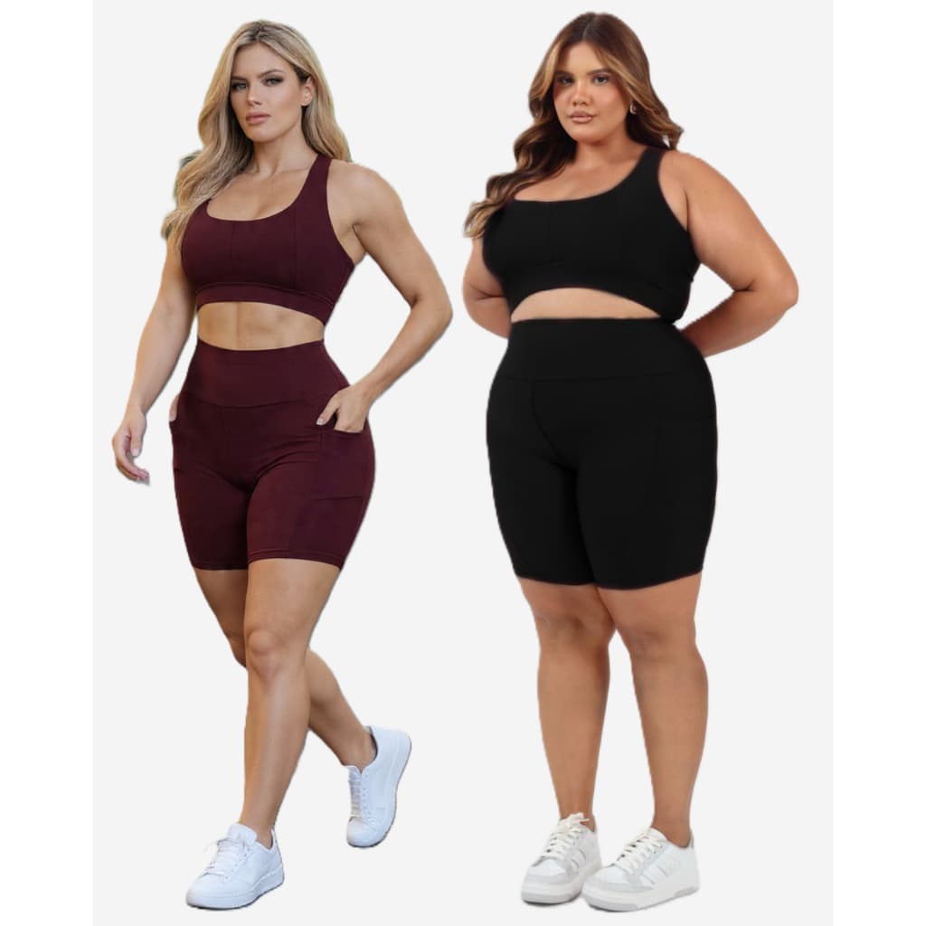 Conjunto Feminino Fitness Plus Size Top e Short Com Bolso Suplex Confortável Zero Transparência