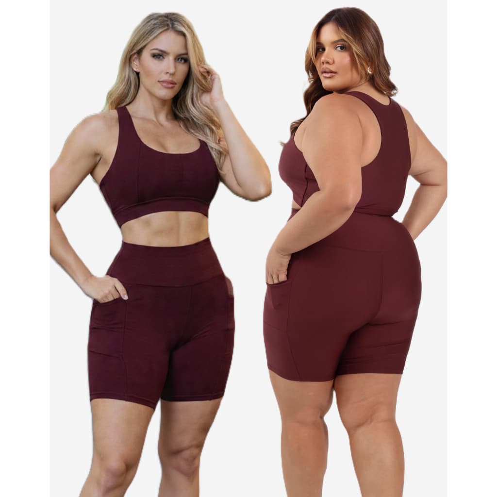 Conjunto Fitness Plus Size Top e Short Com Bolso Feminino Treino Cintura Alta Slim Curves