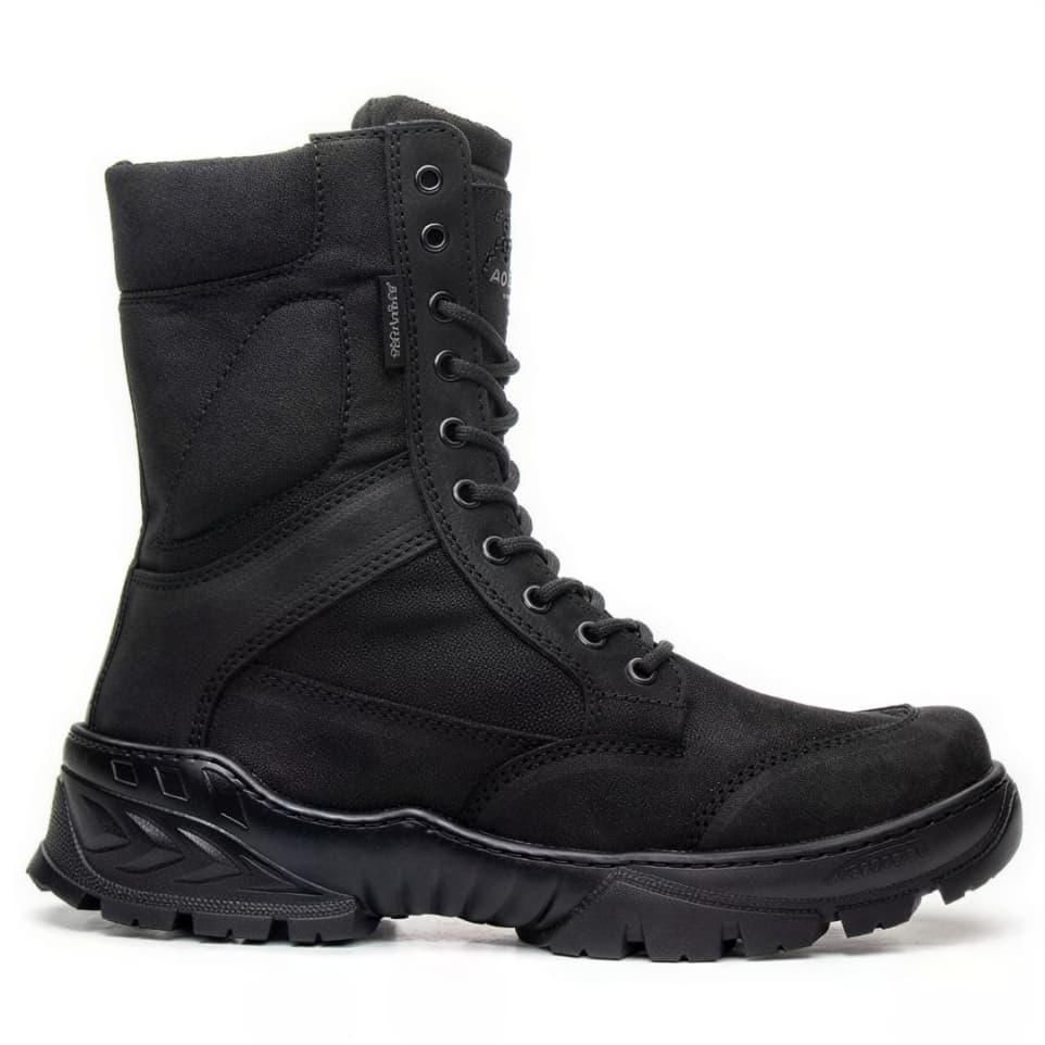 coturno tático militar preto couro nobuck bota cano alto solado alto tratorado qualidade aliada a conforto e resistência