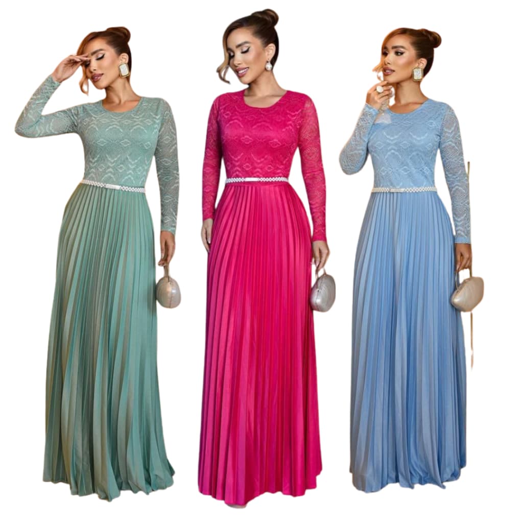 VESTIDO PLISSADO DE RENDA MANGA LONGA ELEGANTE MODA MODESTA
