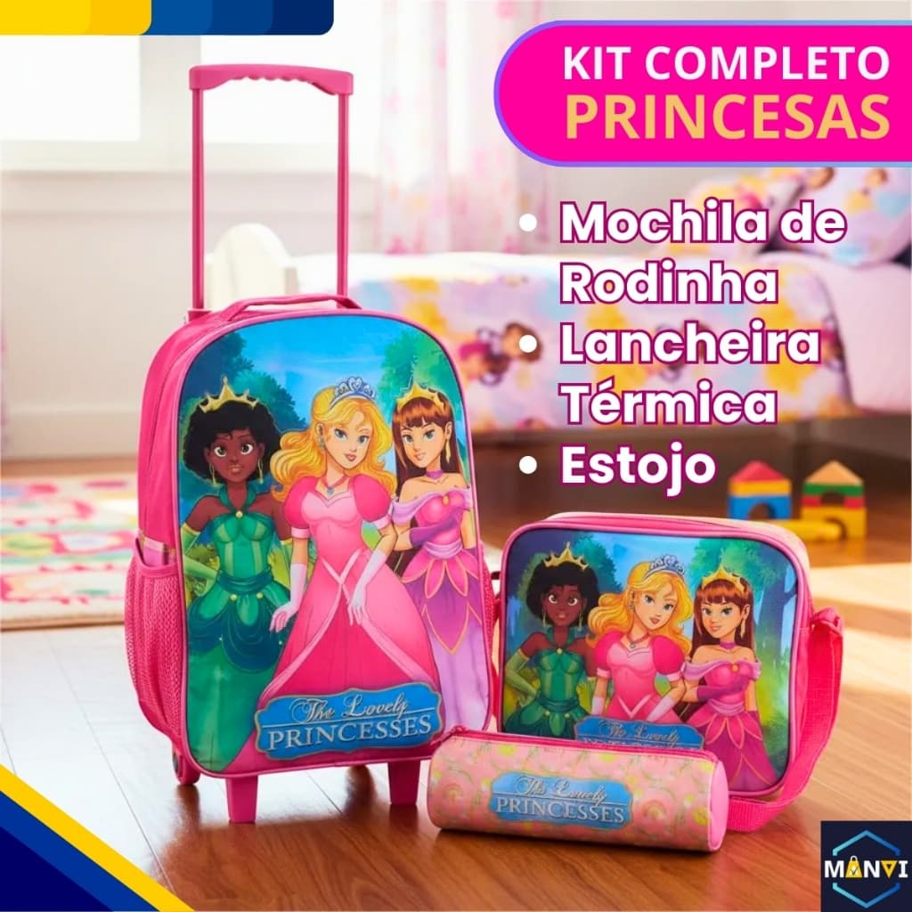 Kit Mochila Infantil Escolar Rodinha 3 peças Princesas Mágicas Estojo Lancheira Menina Escola Creche