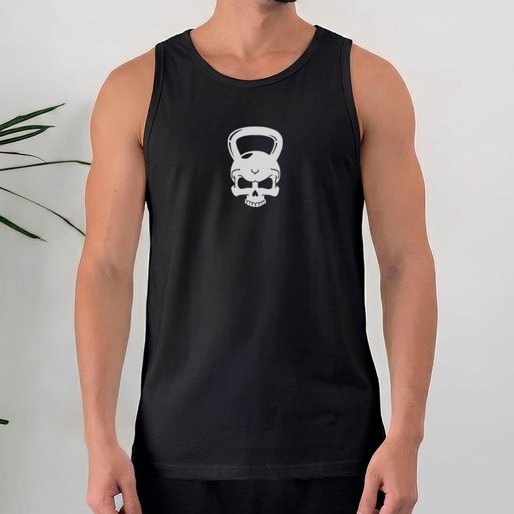Camiseta Regata Masculina 100% Algodão Caveira com Kettlebell Estampa Treino Academia Crossfit Gym