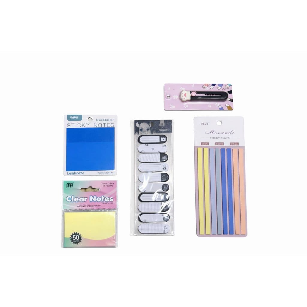 Kit Papelaria Sticky Strips + Post It Black and White + Clear Notes + Sticky Notes + Estile Gatinho