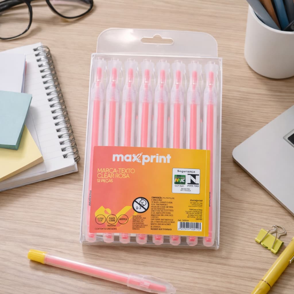Kit 12 Marca Texto Clear Ecowrite Anotações Rosa - Maxprint