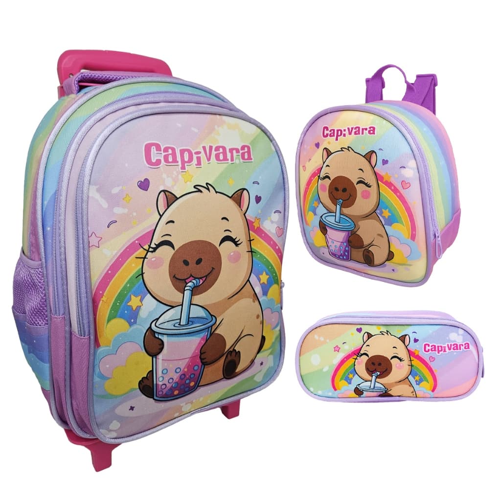 Kit Mochila Escolar De Rodinha Capivara Lancheira E Estojo