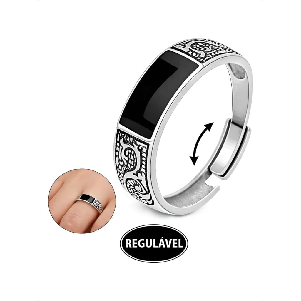 Anel Dragão Regulável Prateado com Pedra Ônix Preta Design Anatômico Unissex Feminino Masculino Ajustável Presente Luxo