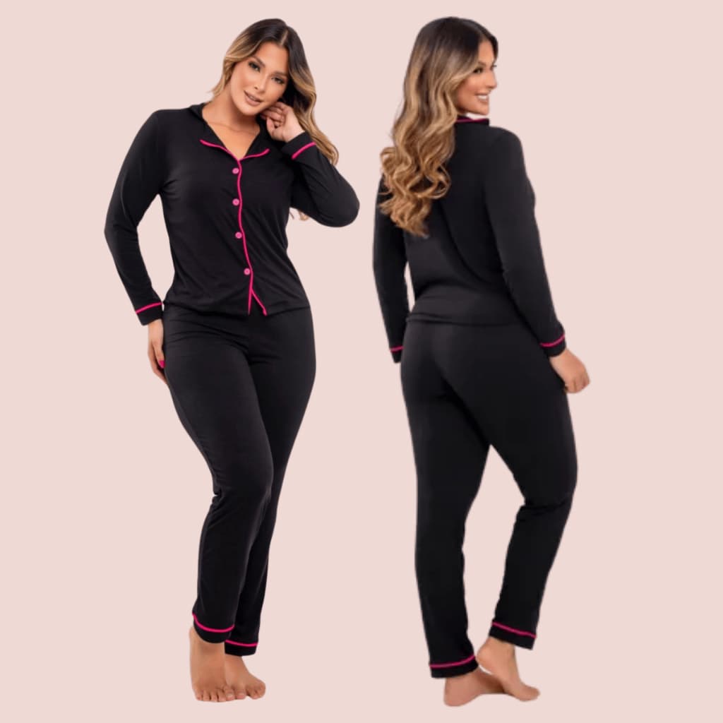Pijama Feminino Americano Longo Pós Cirúrgico Amamentação Inverno de cor preto