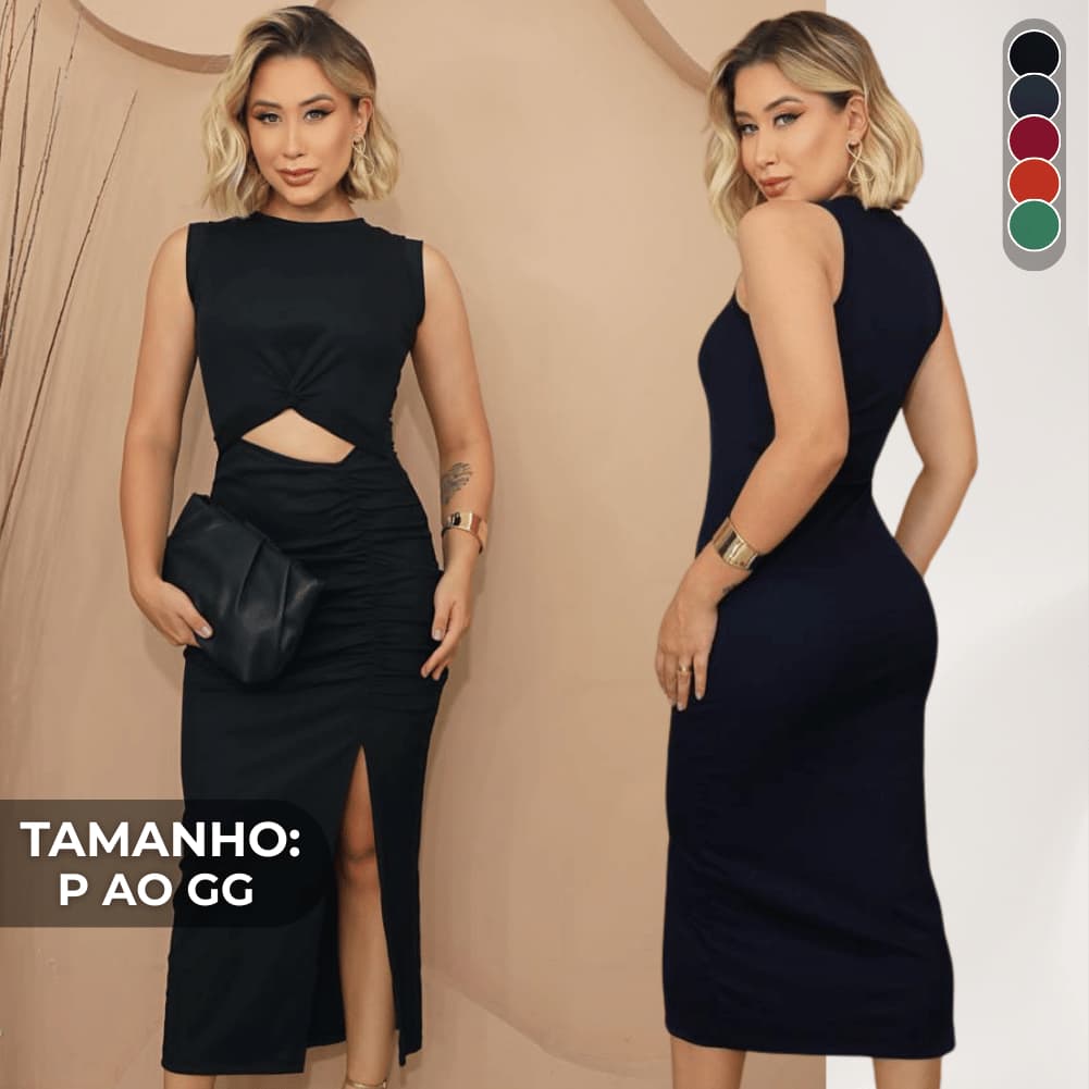 Vestido Midi Feminino Canelado com Fenda Frontal Casual Elegante Moda Verão