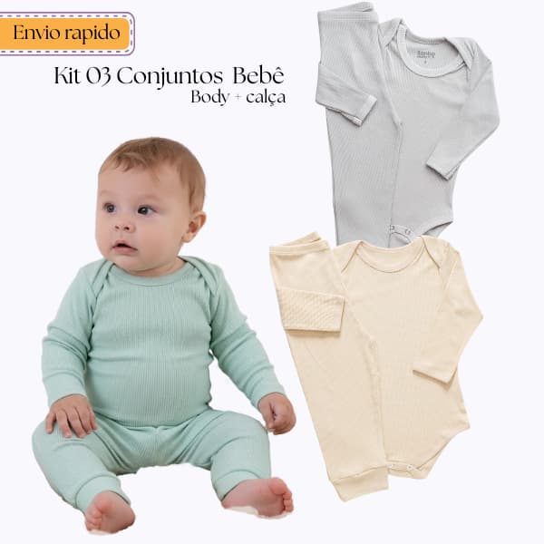 Kit 03 Conjuntos Bebê Canelado – Manga Longa (Body + Calça)