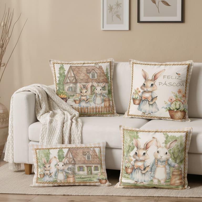 Kit com 4 Capas de Almofada de Páscoa 45x45 cm de Veludo Decorativas para Cama ou Sofá