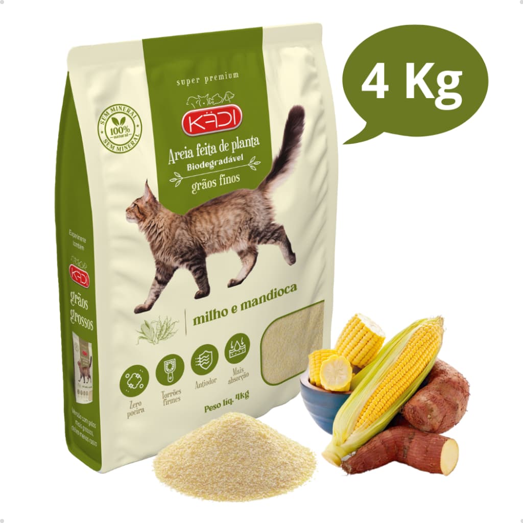 Areia Higiênica Natural Grãos Finos de Milho e Mandioca Biodegradável para Gatos Kadi 4kg