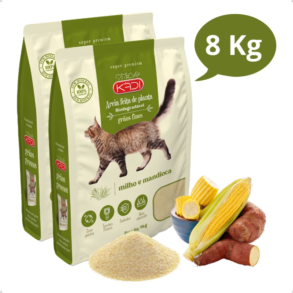 Kit 2 Areia Higiênica Natural Grãos Finos de Milho e Mandioca Biodegradável para Gatos Kadi 4kg